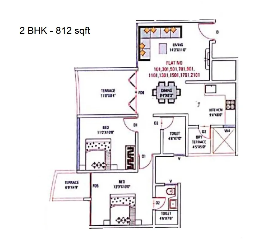 Twinstar Vaastu Imperial Unit plan - 812 sq.ft.
